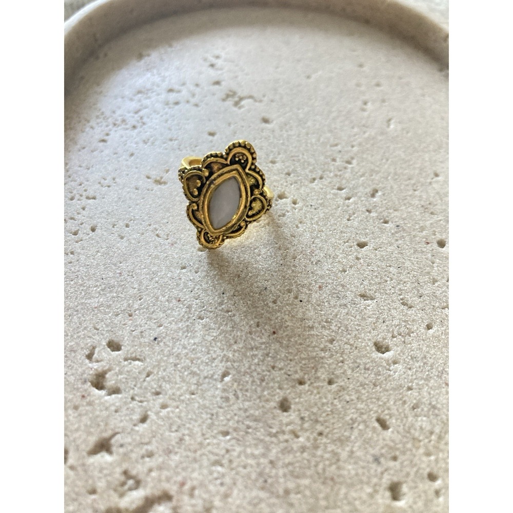 Gold Tone Ring White Marquise Cabochon Ornate Vintage Style Statement Ring